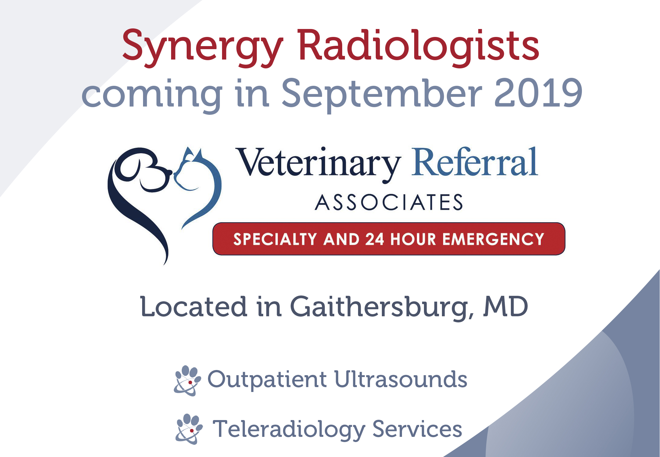 Synergy Radiologists coming to Gaithersburg, Maryland in September 2019! Located in Veterinary Referral Associates